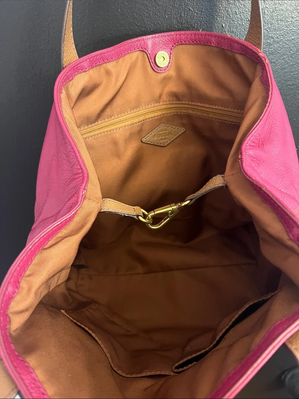 FOSSIL Berry Pink Leather Shoulder Tote with Tan Straps - Picture 3 of 3